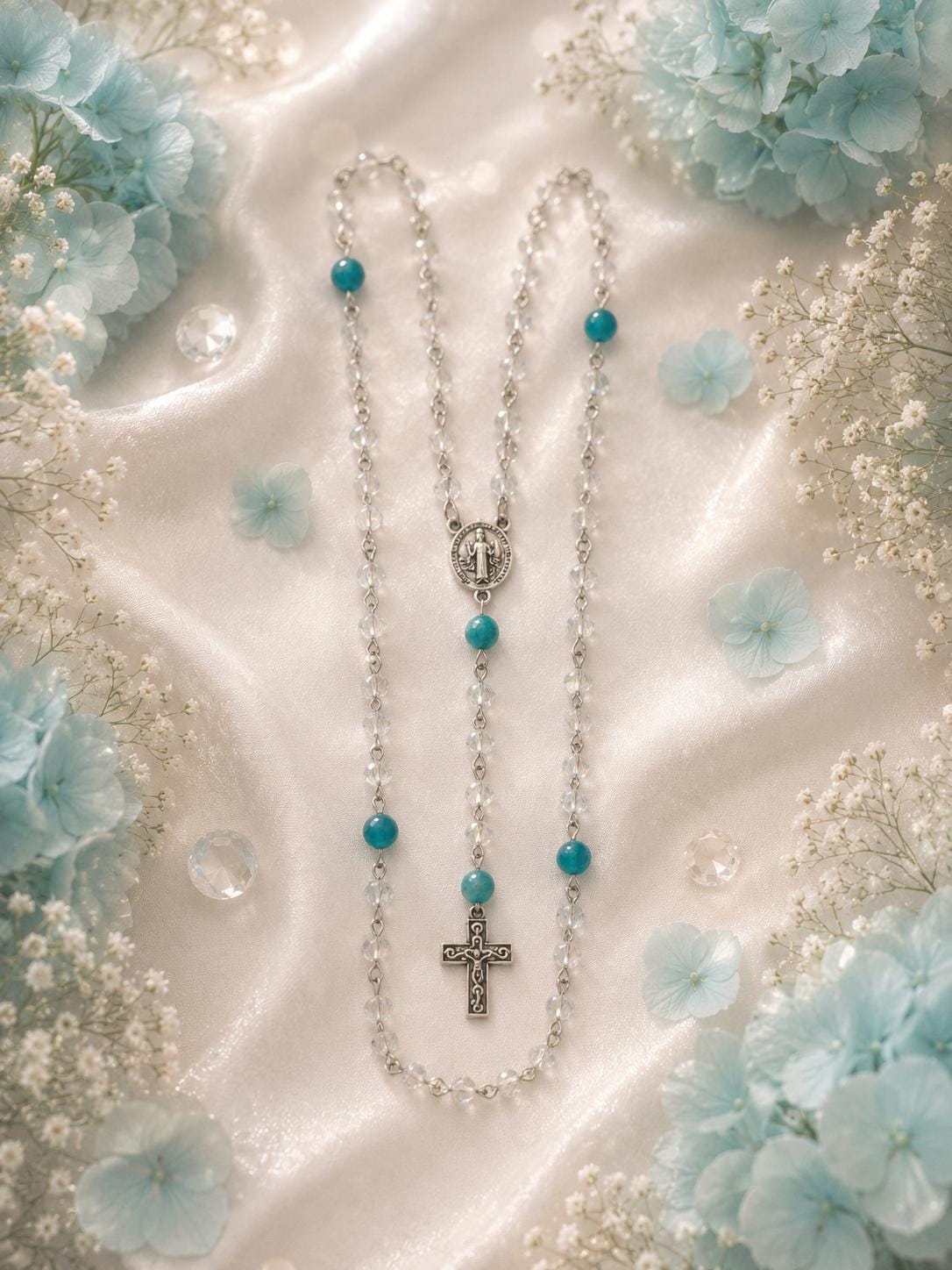 Aqua Crystal St. Benedict Rosary detail view