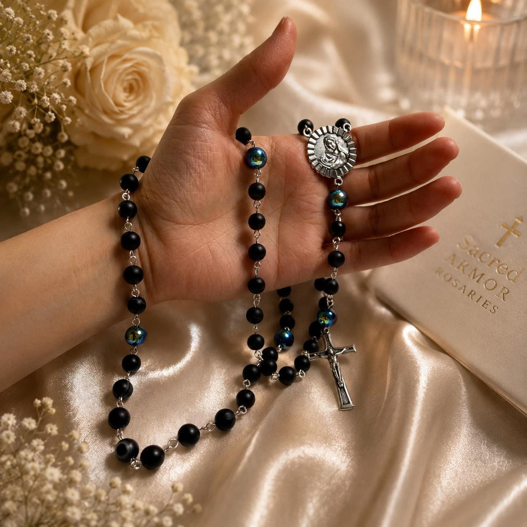 Blue Titanium Marian Rosary detail view