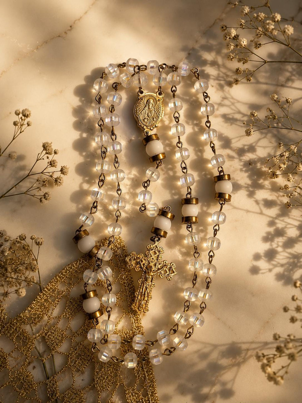 White Glass and Gold Marian Rosary alternate view