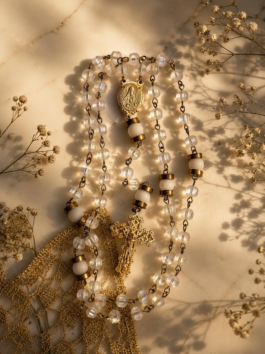 White Glass and Gold Marian Rosary alternate view