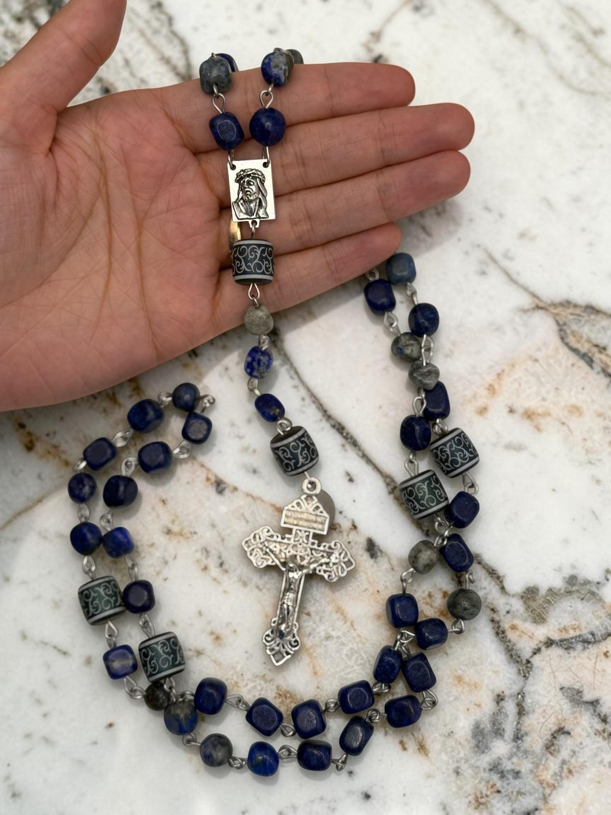 Blue Lapis Mary and Jesus Rosary devotional detail