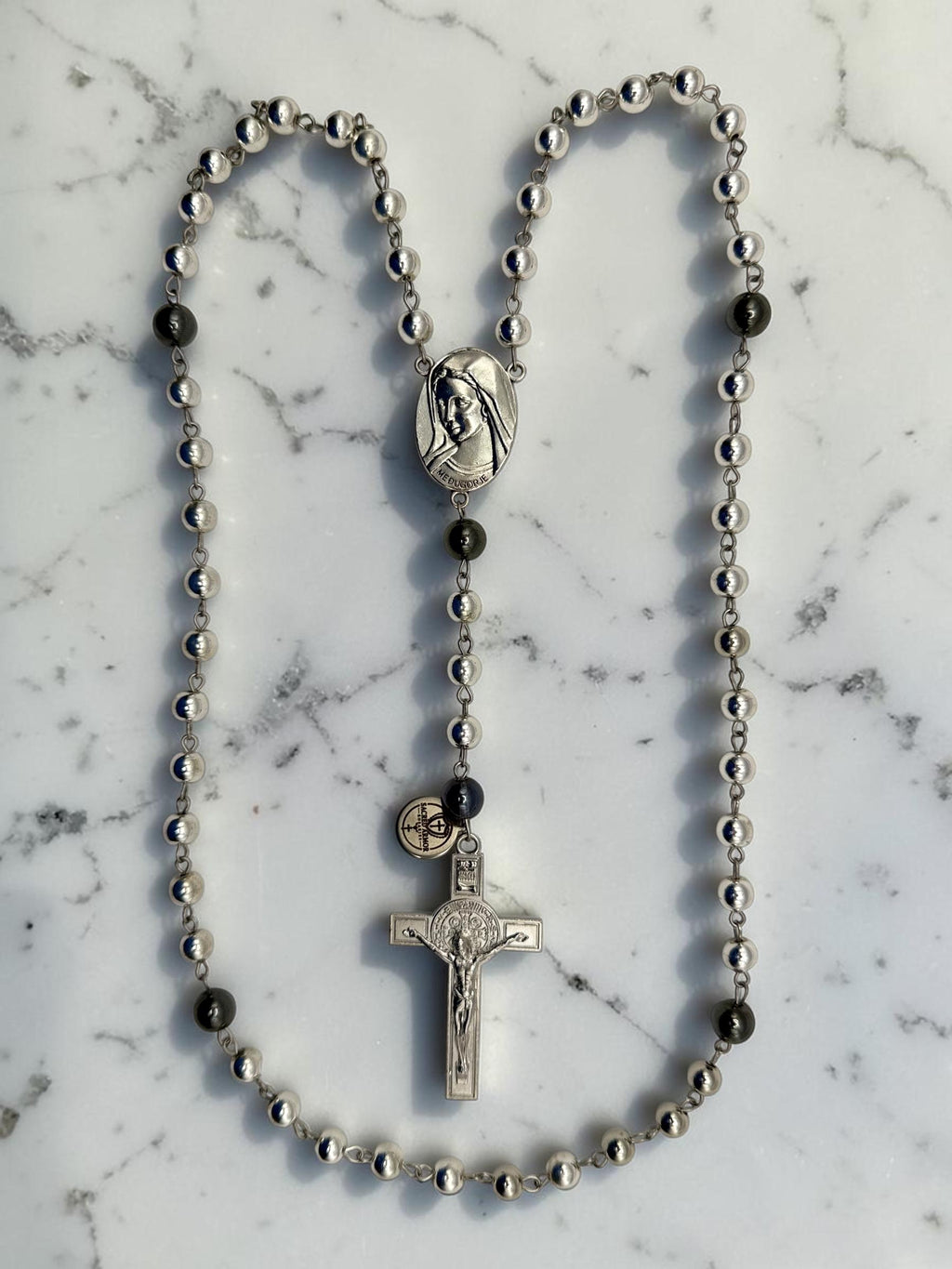 Silver Hematite Medjugorje Rosary detail view