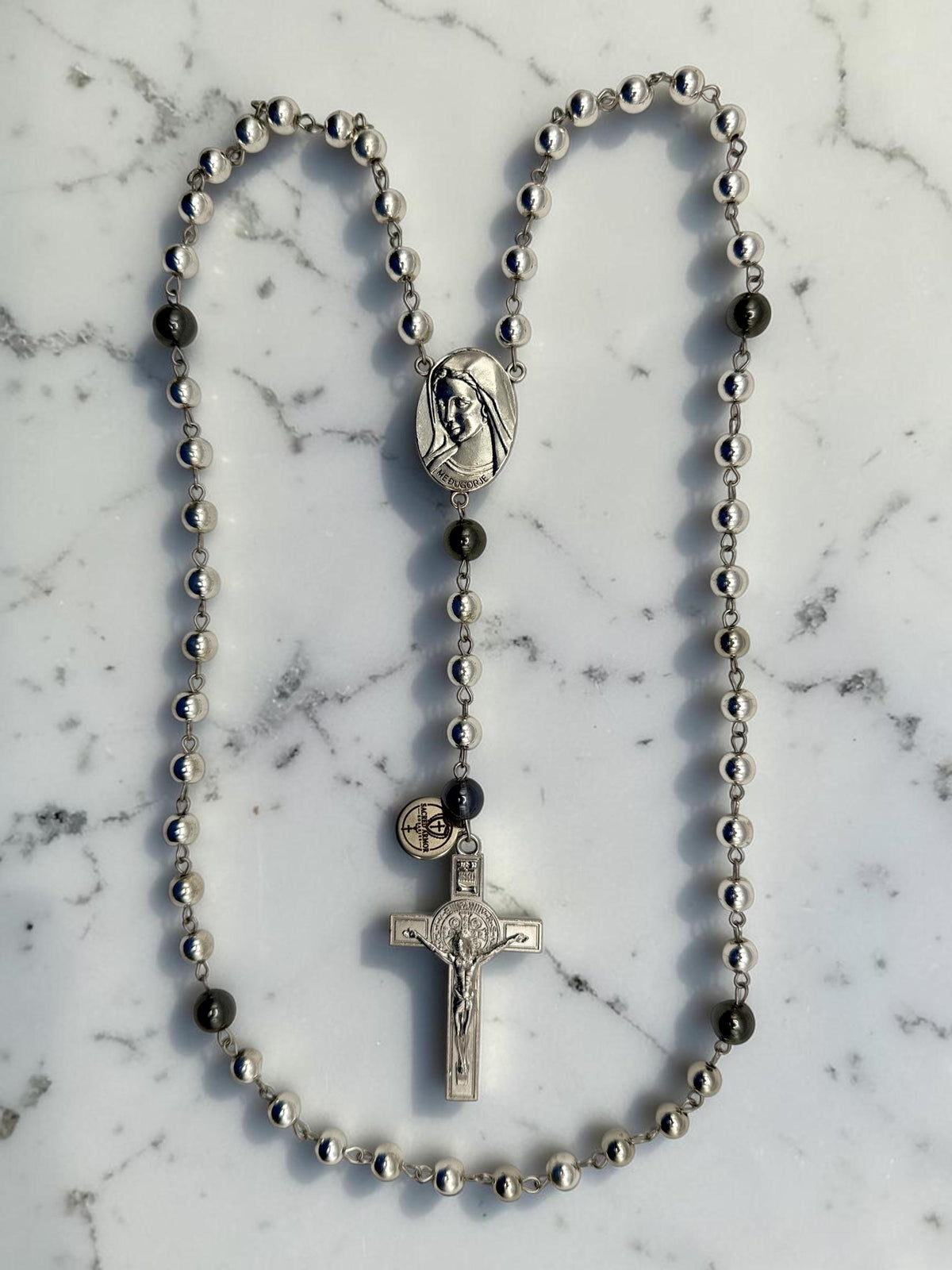 Silver Hematite Medjugorje Rosary detail view
