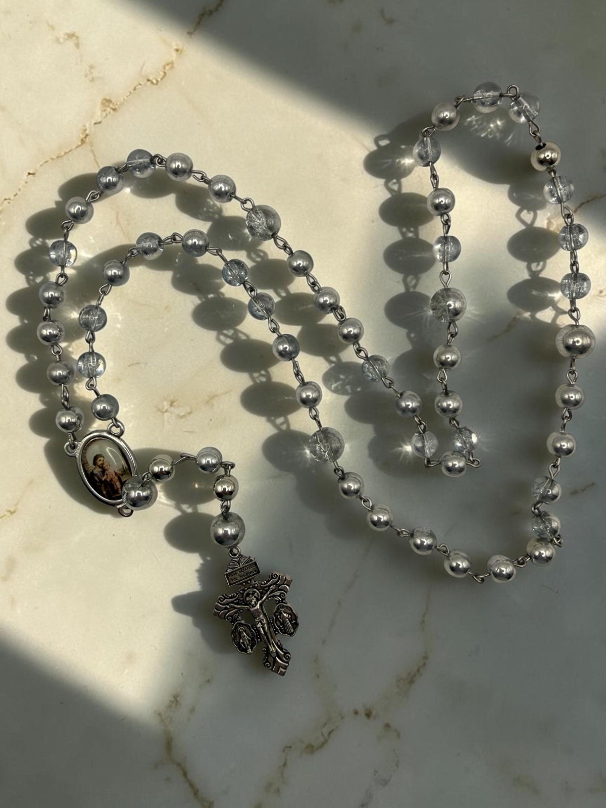 St. Joseph Rosary with silver and clear crackle glass and Pardon Crucifix