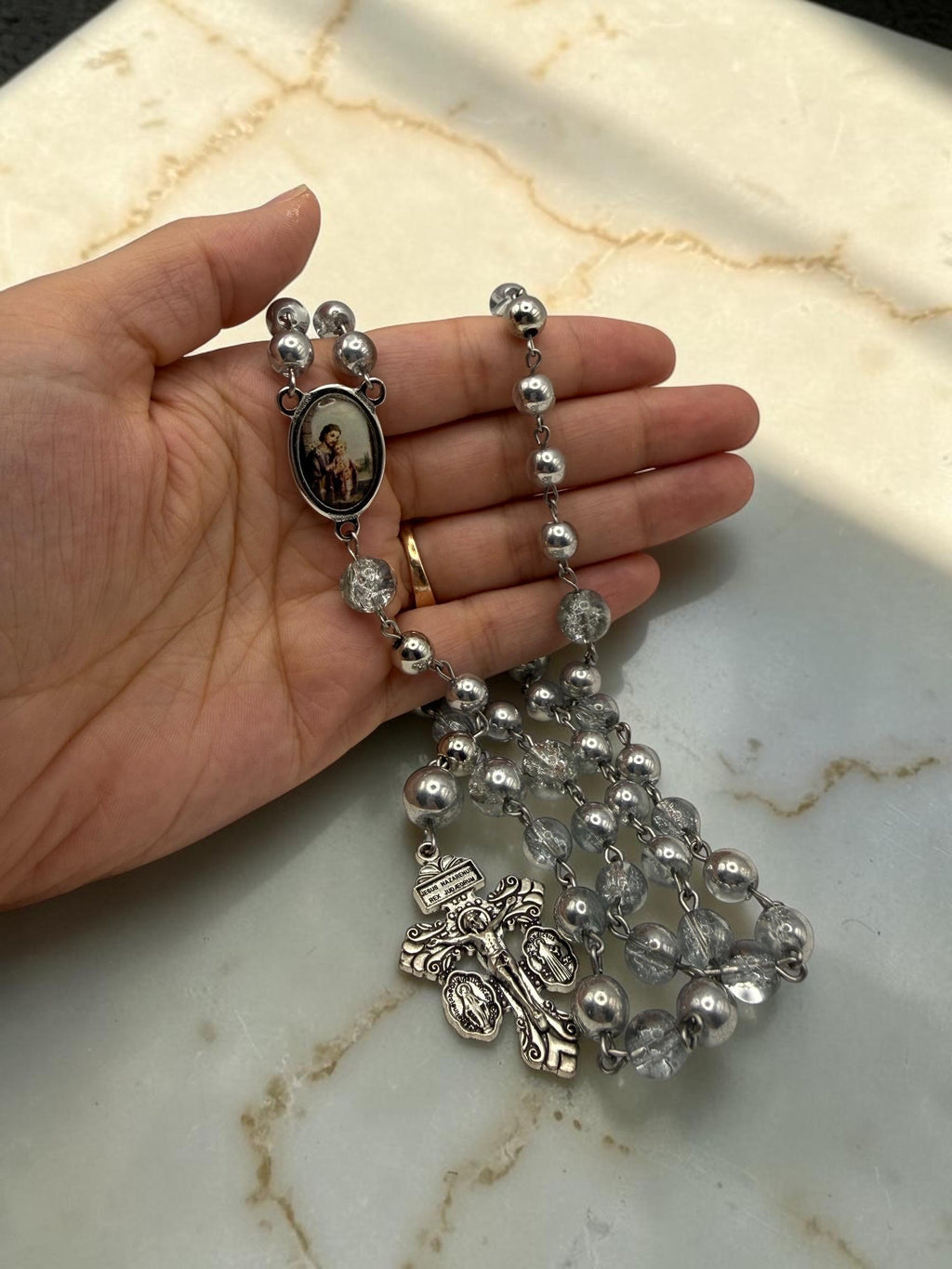 St. Joseph clear crackle glass rosary alternate view