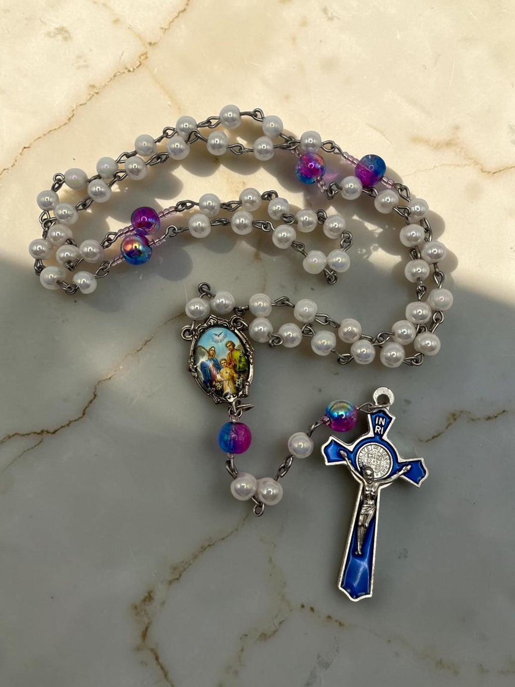 Holy Family Rosary with white pearl blue and pink glass beads