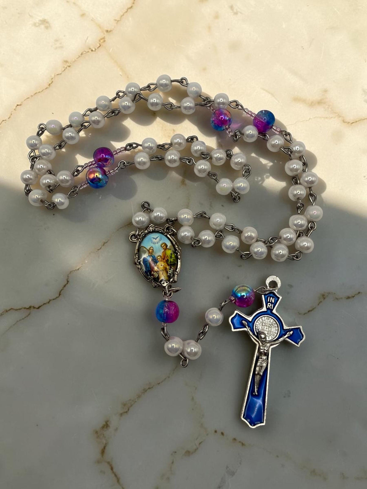 Holy Family Rosary with white pearl blue and pink glass beads