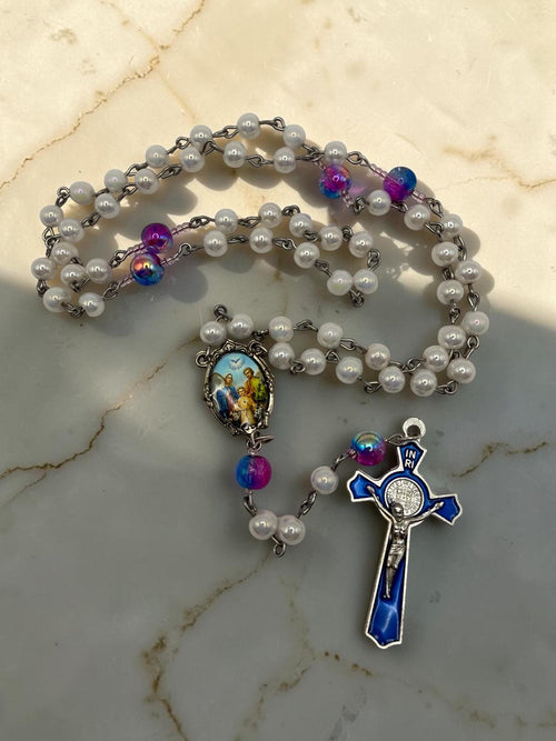 Holy Family Rosary with white pearl blue and pink glass beads