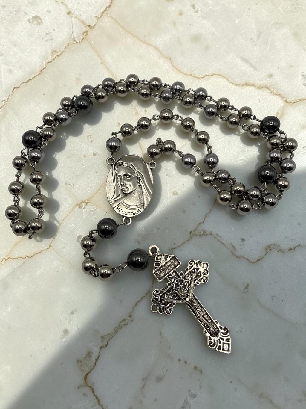 Medjugorje Rosary with gunmetal hematite beads and ornate crucifix