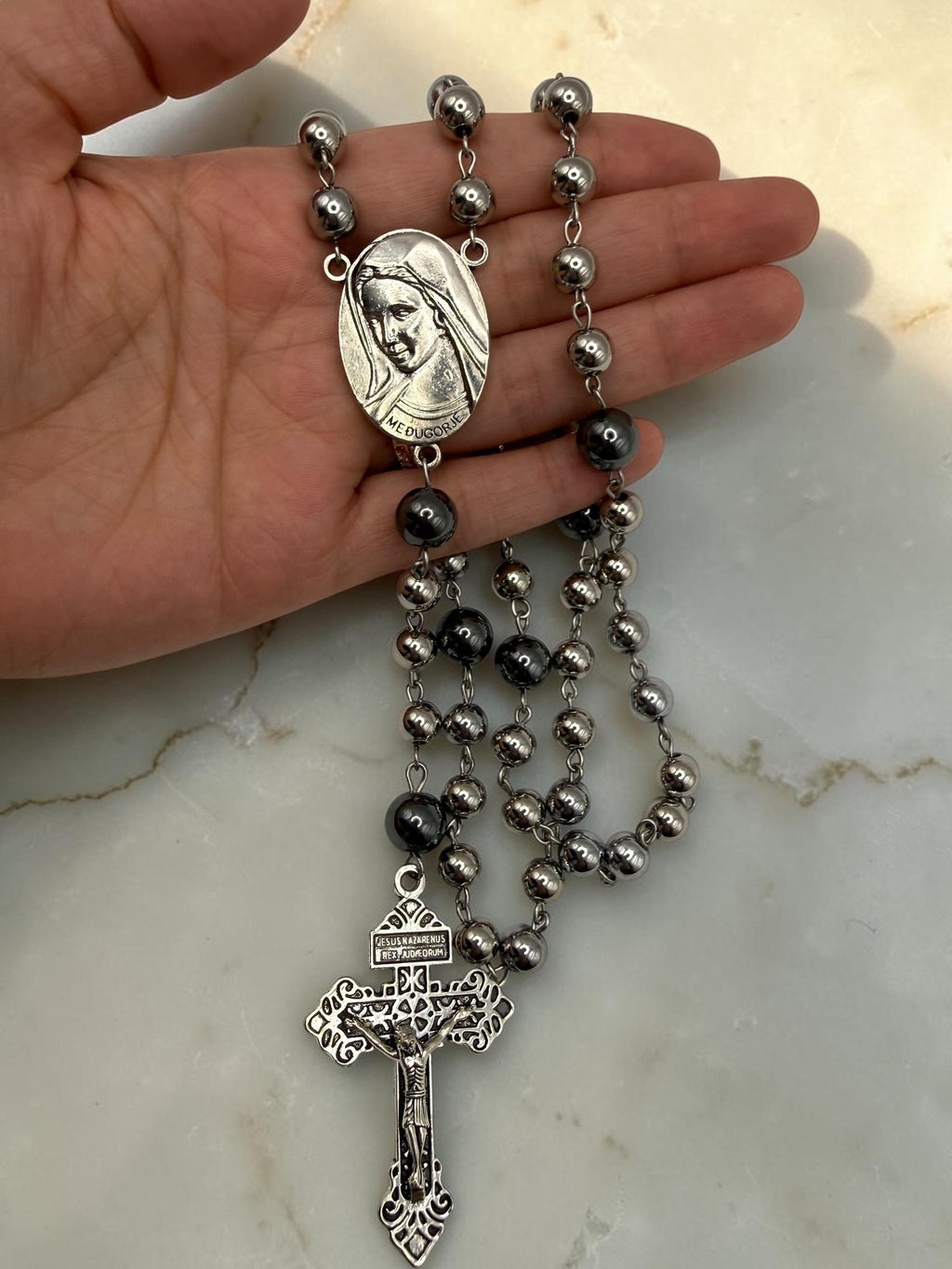 Medjugorje gunmetal hematite rosary detail view