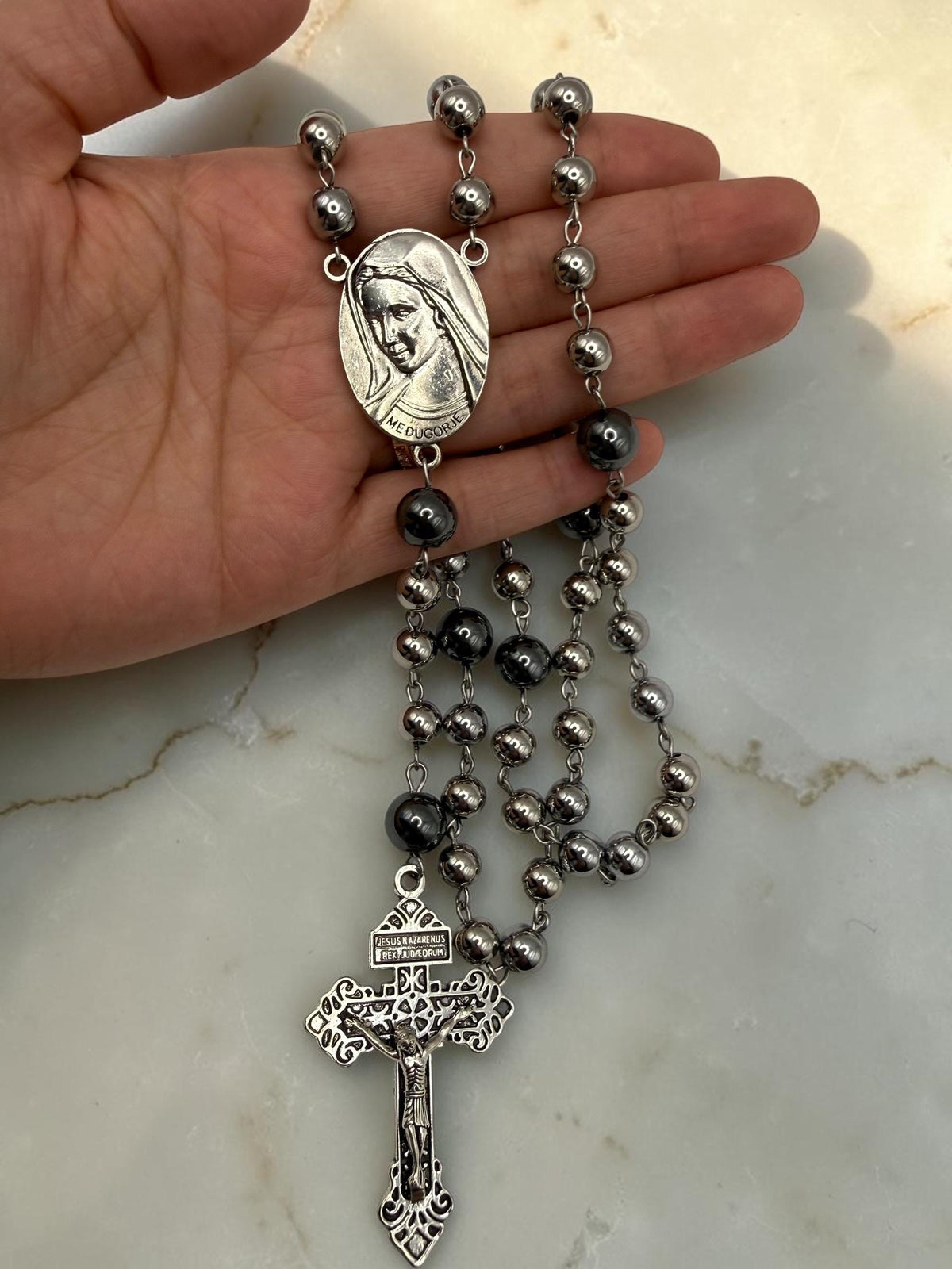 Medjugorje gunmetal hematite rosary detail view