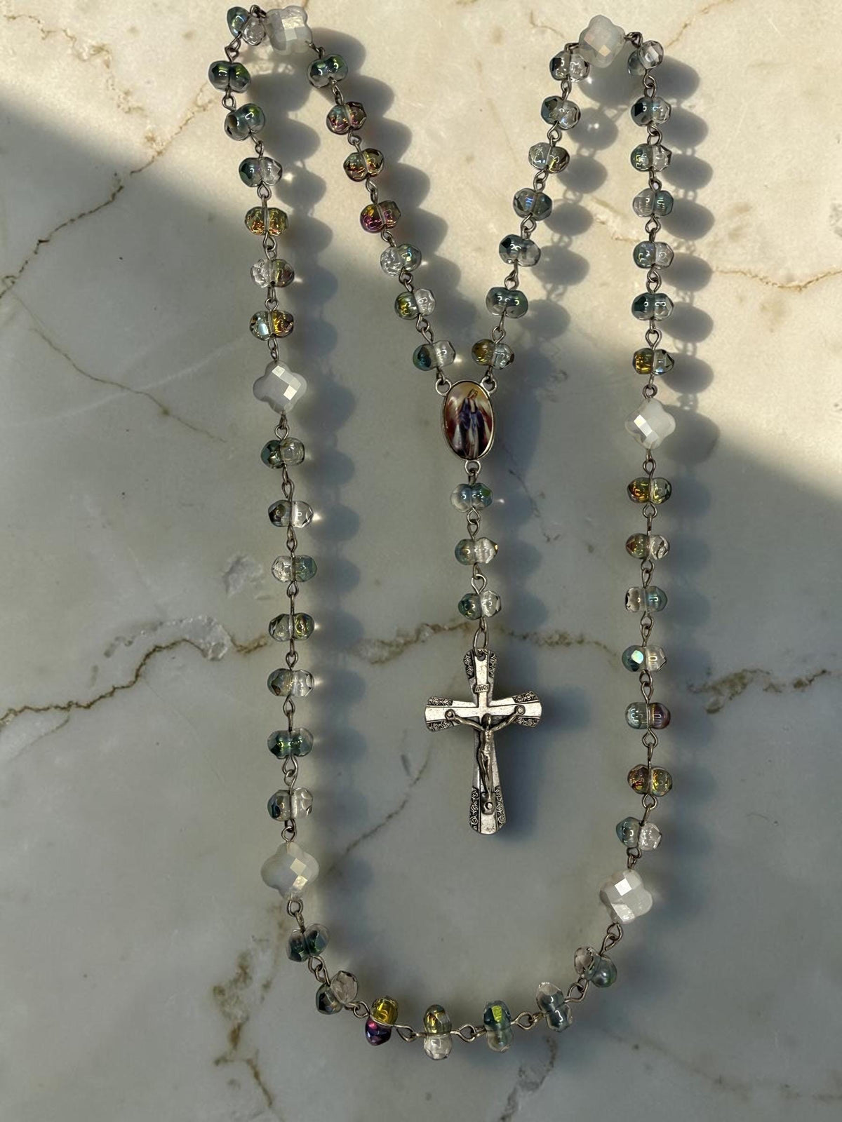 Our Lady of Fatima Aurora Crystal Rosary detail view