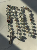 Our Lady of Fatima Rosary with aurora crystal and white glass beads