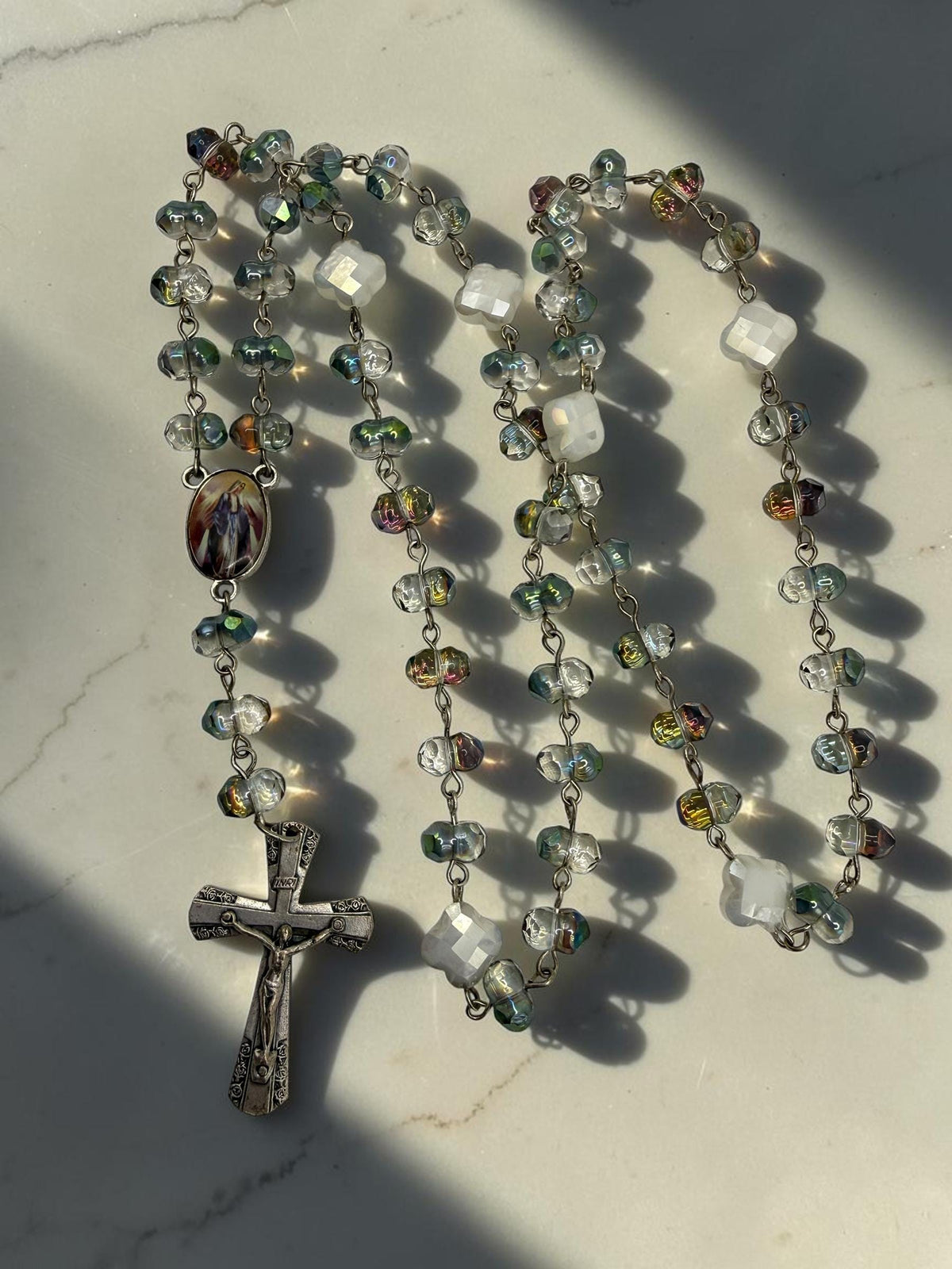 Our Lady of Fatima Rosary with aurora crystal and white glass beads