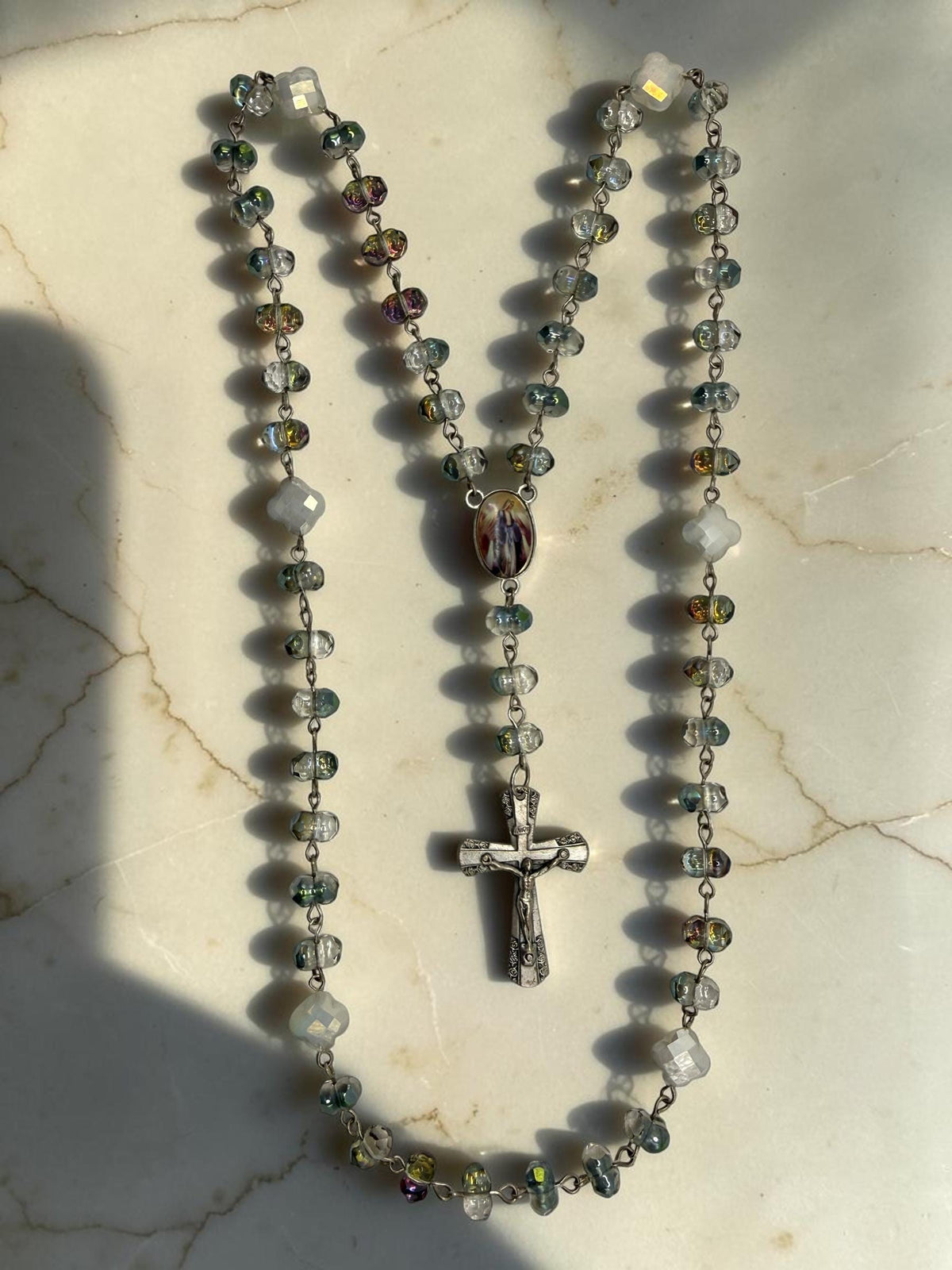 Our Lady of Fatima Aurora Crystal Rosary devotional detail