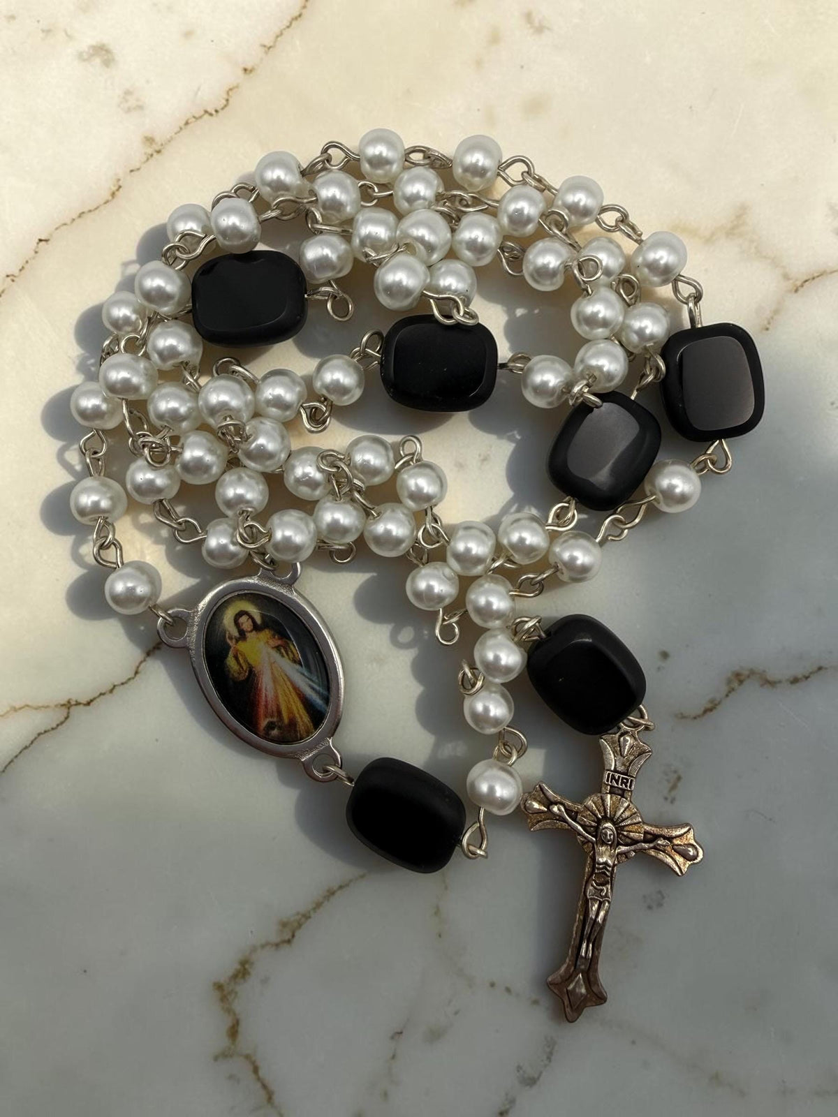Divine Mercy pearl rosary devotional detail