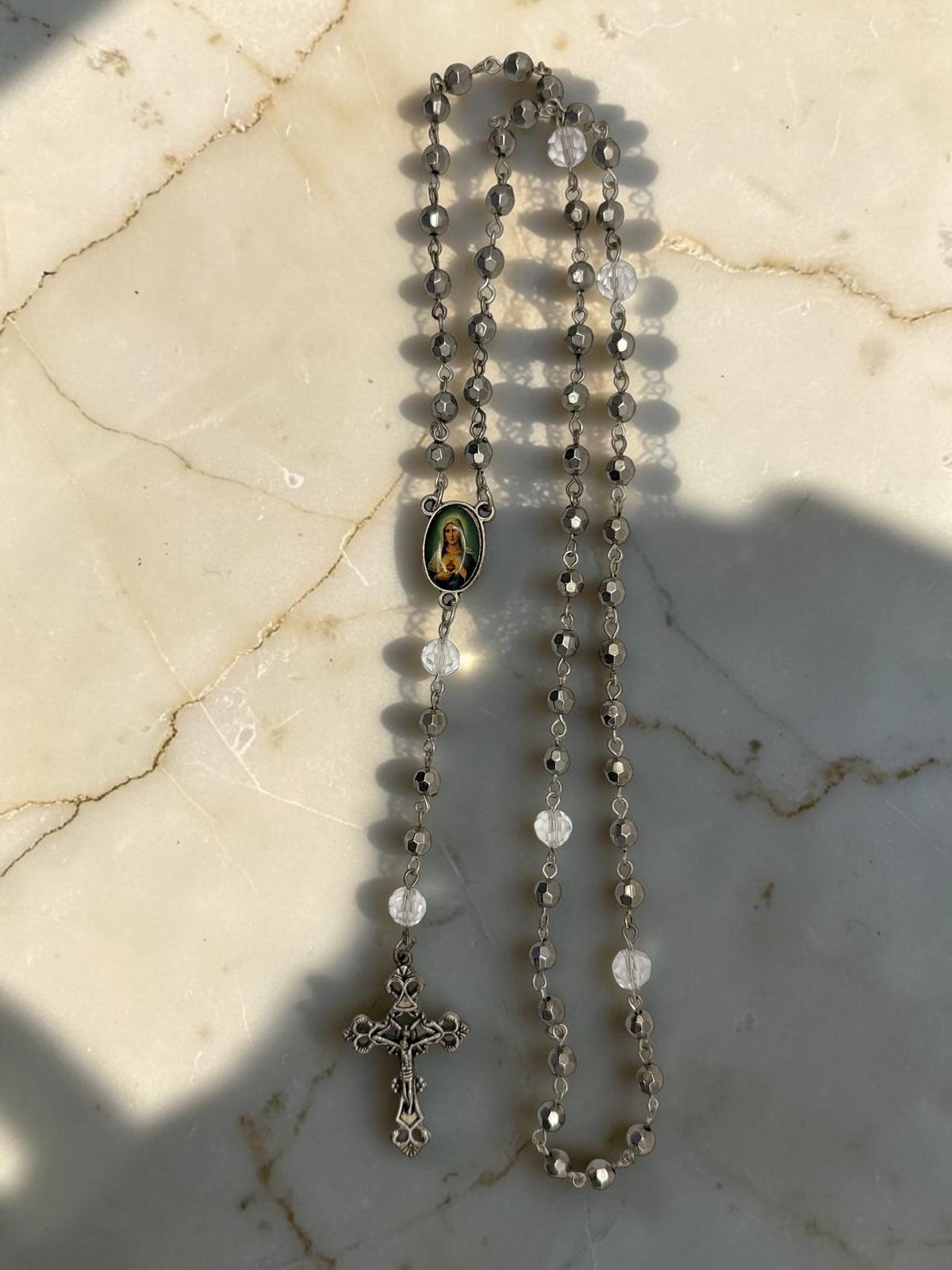 Immaculate Heart gunmetal hematite rosary alternate view