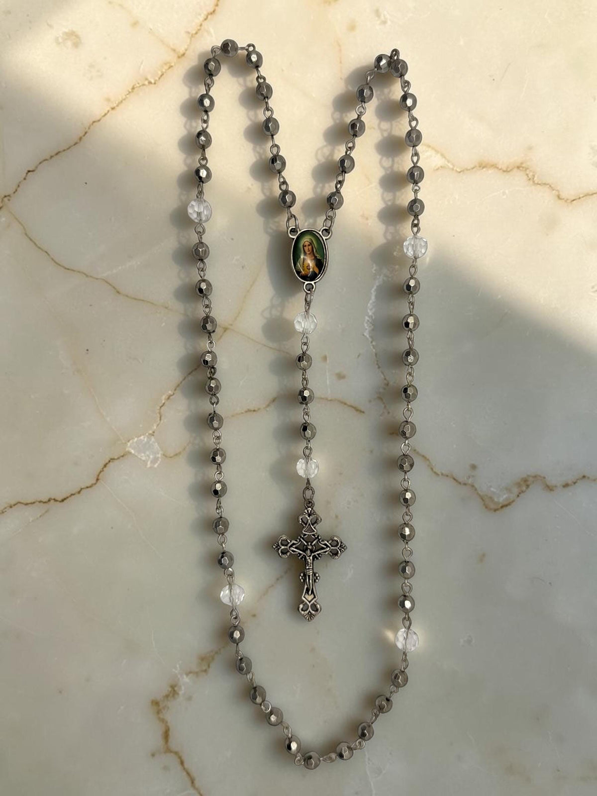 Immaculate Heart Rosary with gunmetal hematite and crystal accents