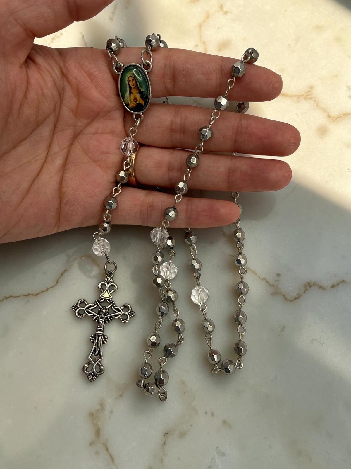Immaculate Heart rosary silver crucifix detail