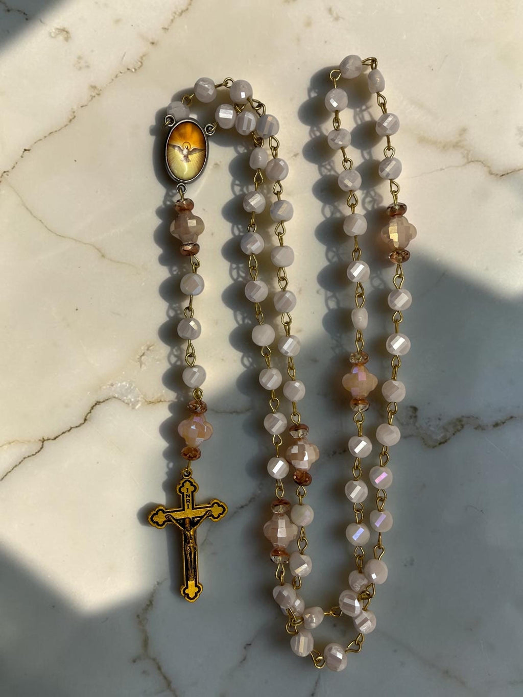 Holy Spirit Rosary with cream champagne glass beads and gold crucifix