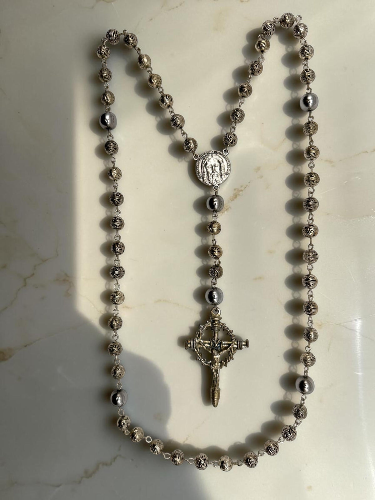 Holy Face of Jesus Hematite Rosary with Crown of Thorns crucifix