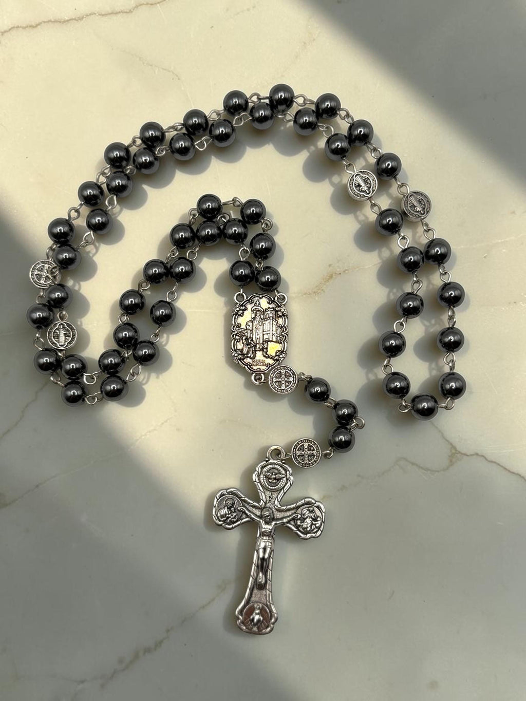 Black Hematite Fatima Rosary with St. Benedict beads