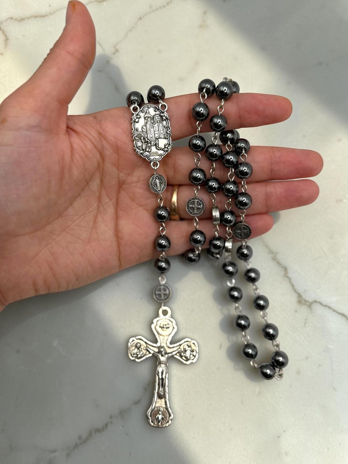 Black Hematite Fatima Rosary detail view
