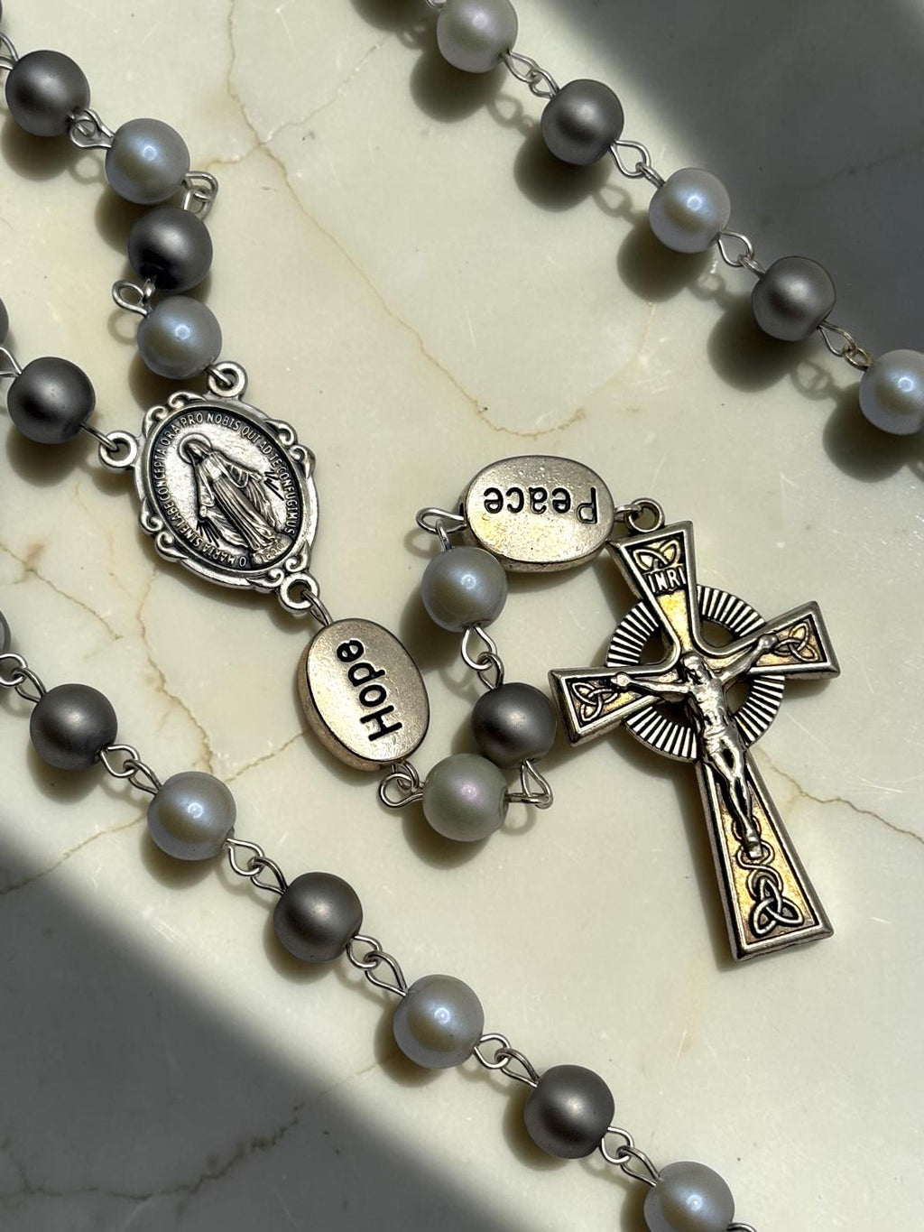 Love Hope Peace pearl rosary alternate view