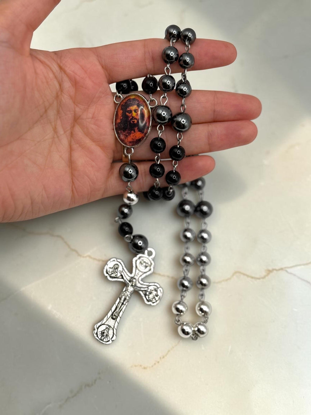Holy Face of Jesus Black Hematite Rosary detail view