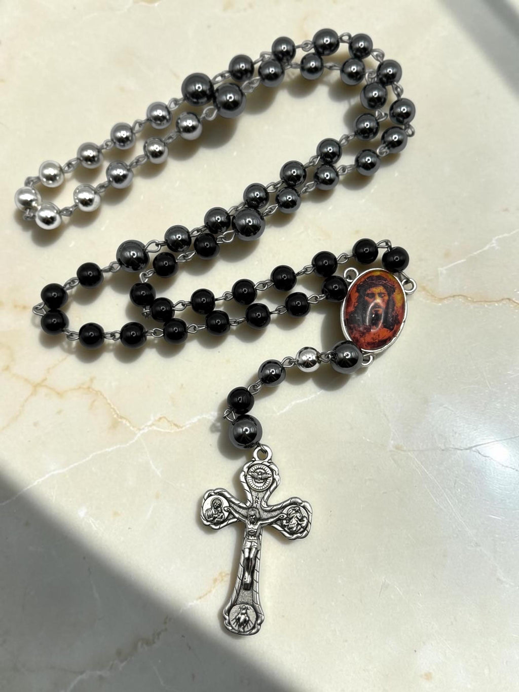Holy Face of Jesus Black Hematite Rosary alternate view