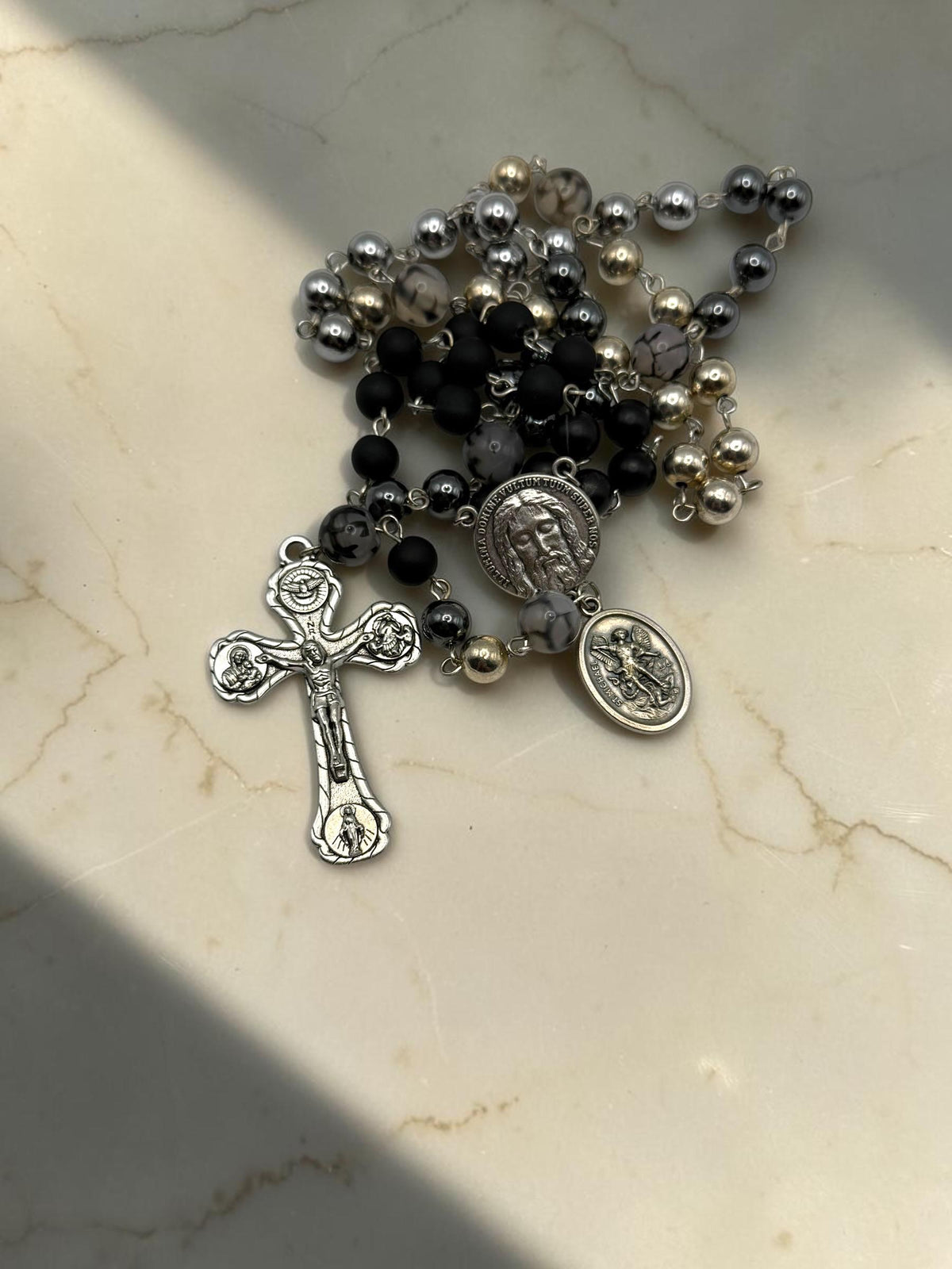 Holy Face Black Onyx Rosary detail view