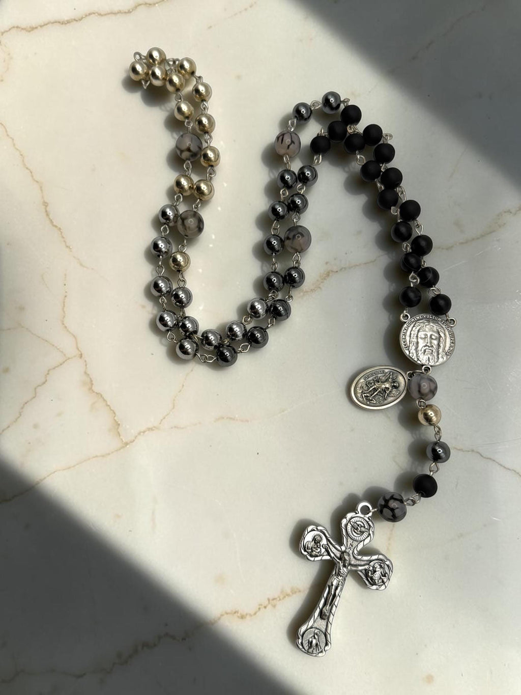 Holy Face of Jesus Black Onyx Rosary with St. Michael medal