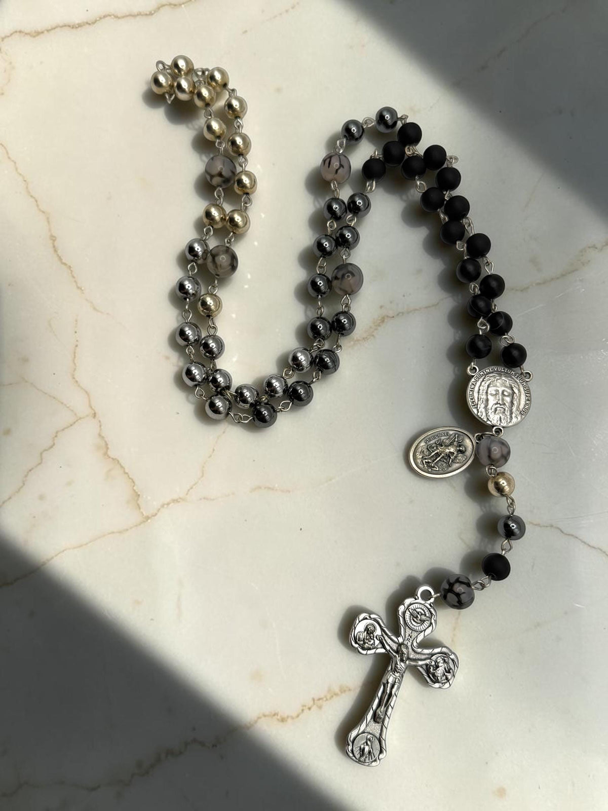 Holy Face of Jesus Black Onyx Rosary with St. Michael medal