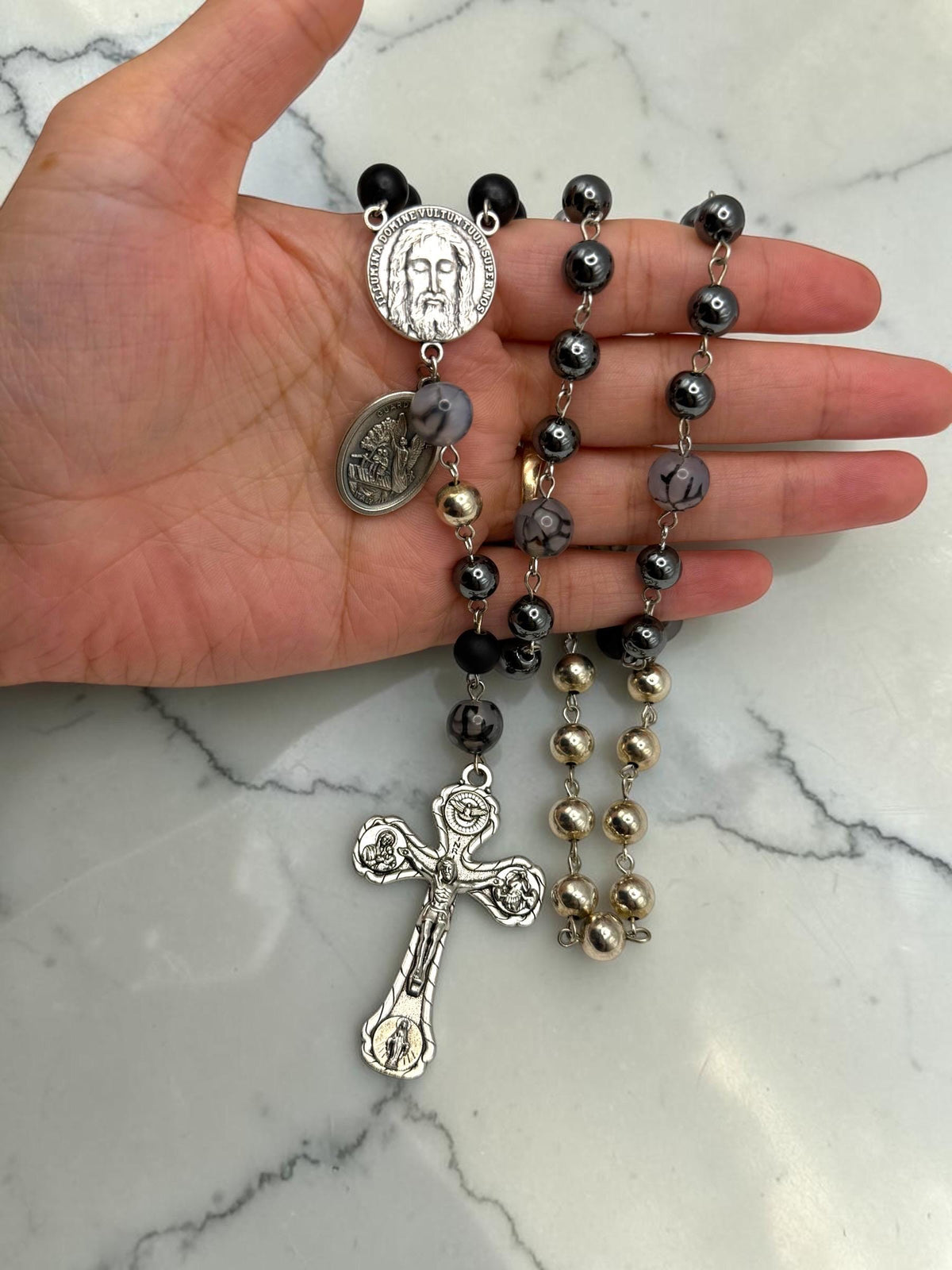 Holy Face Black Onyx Rosary devotional detail