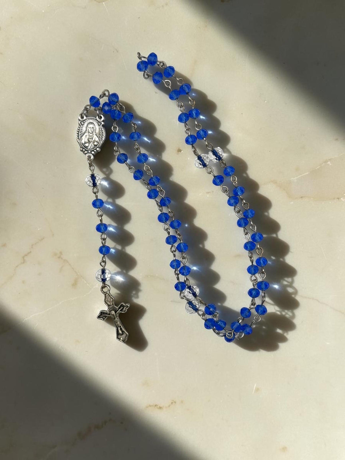 Blue Crystal Immaculate Heart Rosary detail view