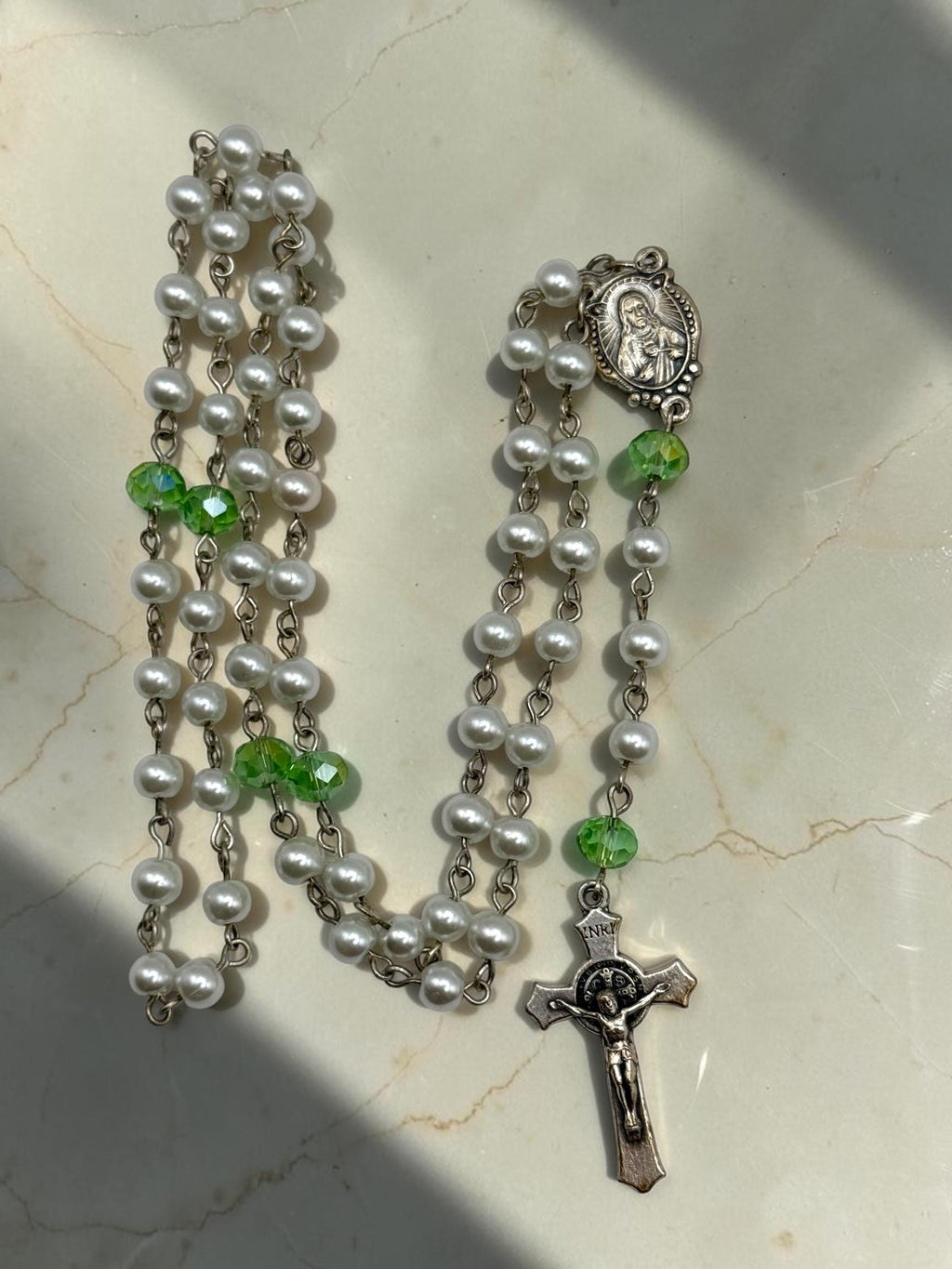 White Pearl Immaculate Heart Rosary detail view