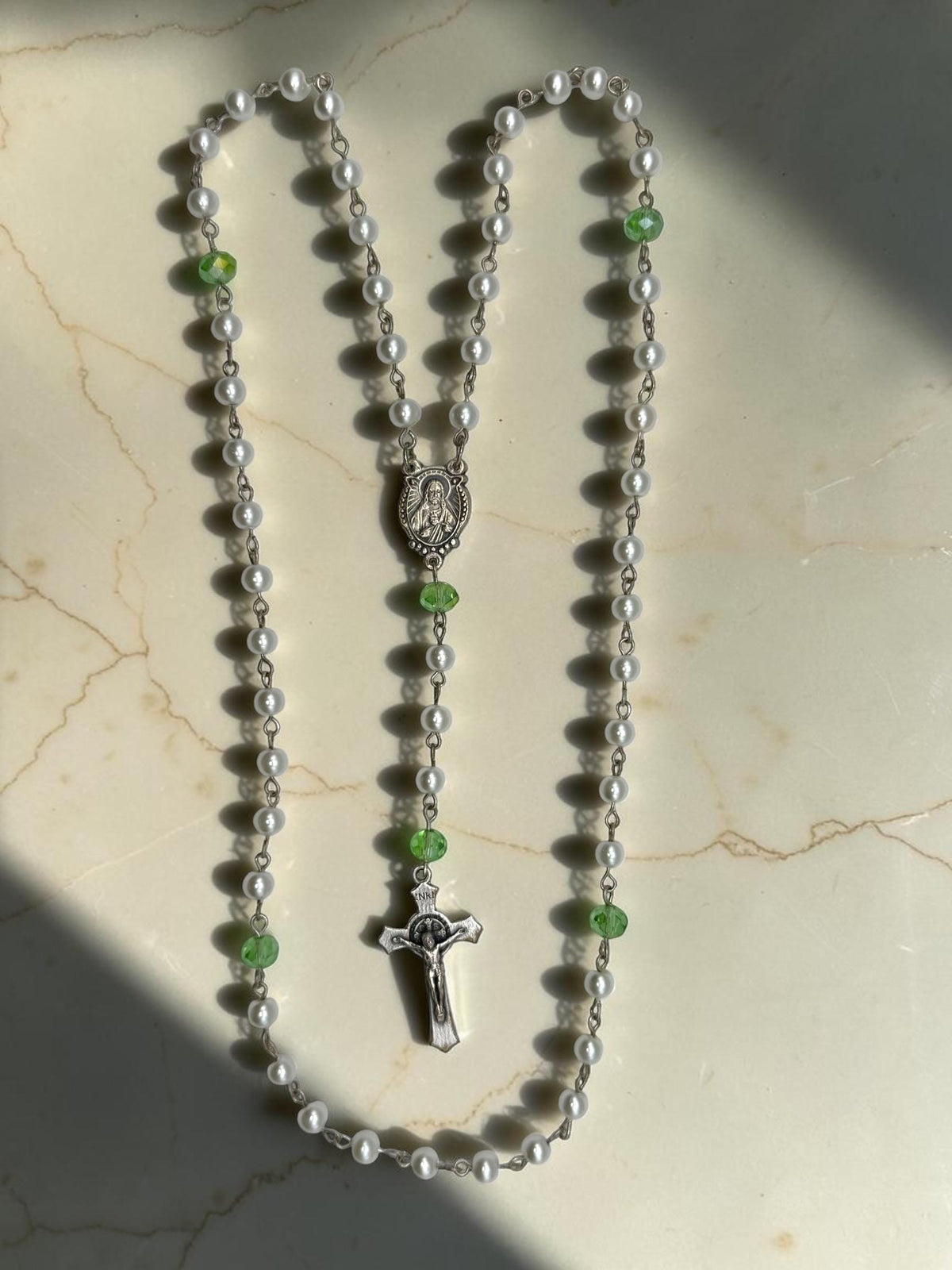 White Pearl Immaculate Heart Rosary with green crystal accents