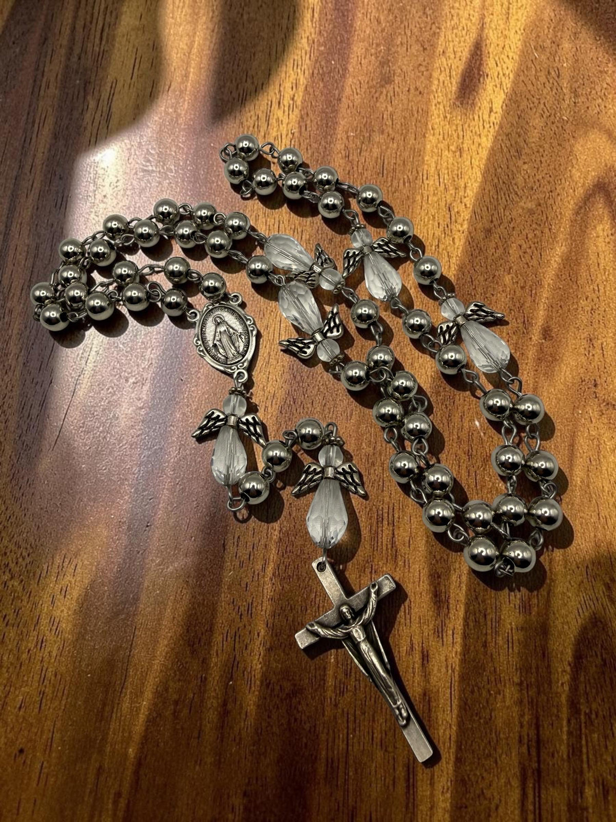 Guardian Angel Rosary with hematite crystal beads and Miraculous Medal