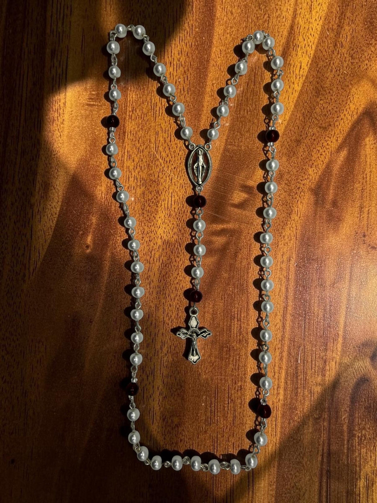 Pearl and Burgundy Miraculous Medal Rosary