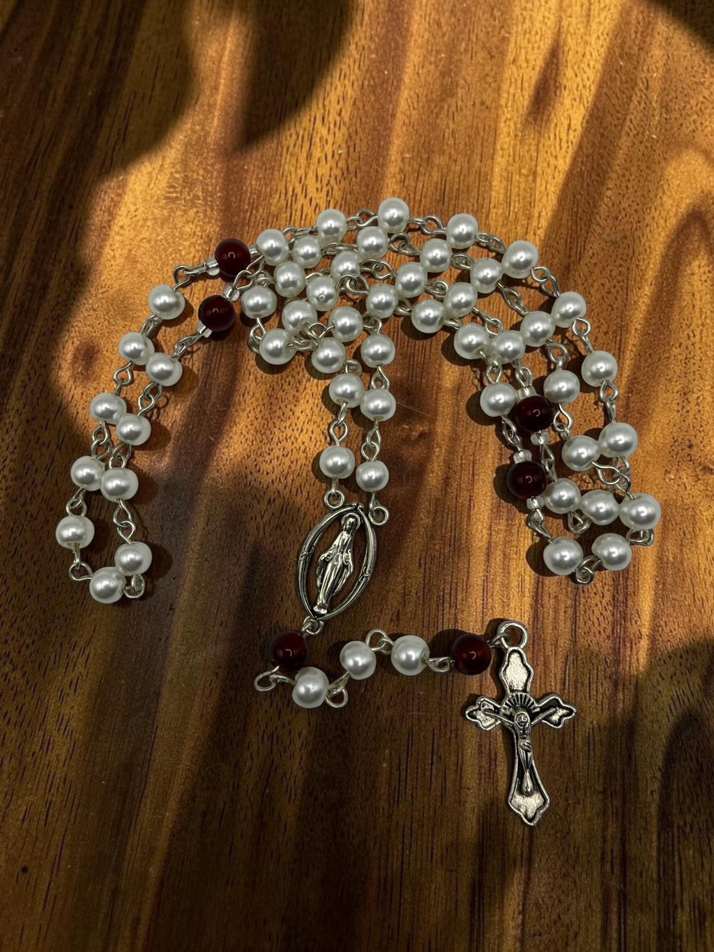 Pearl and Burgundy Miraculous Medal Rosary alternate view