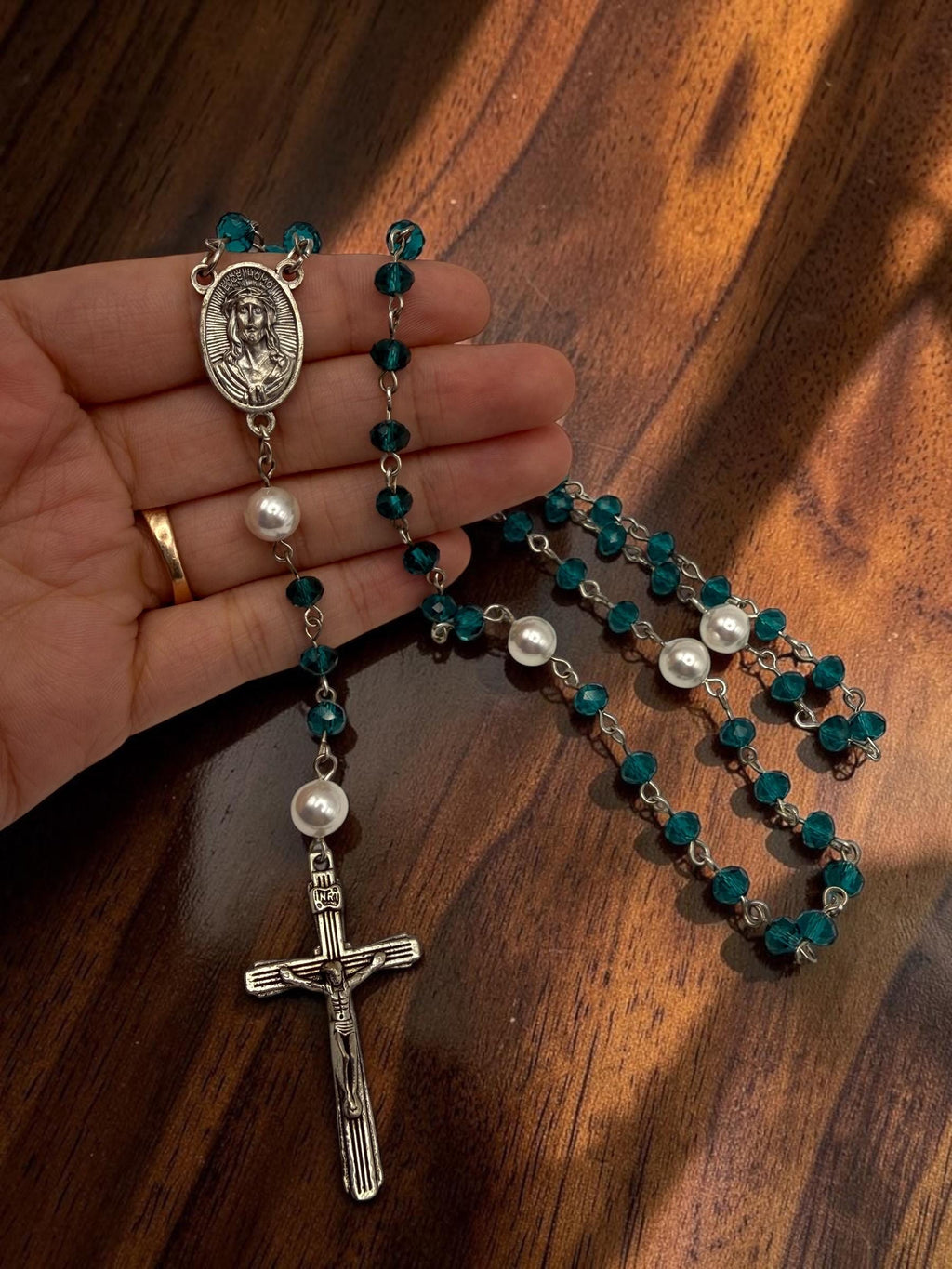Sacred Heart teal crystal rosary alternate view
