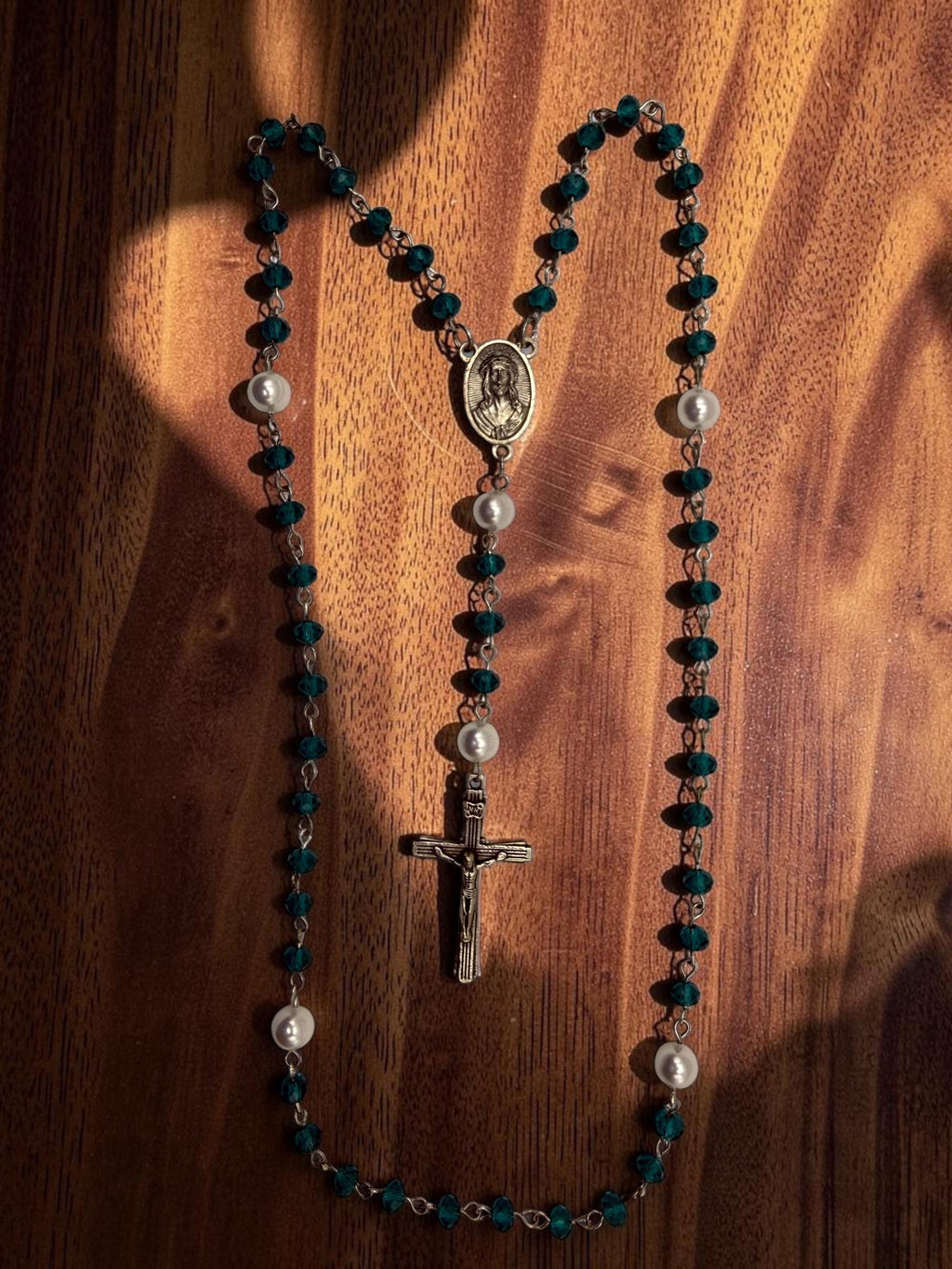 Sacred Heart Rosary with teal crystal and pearl beads