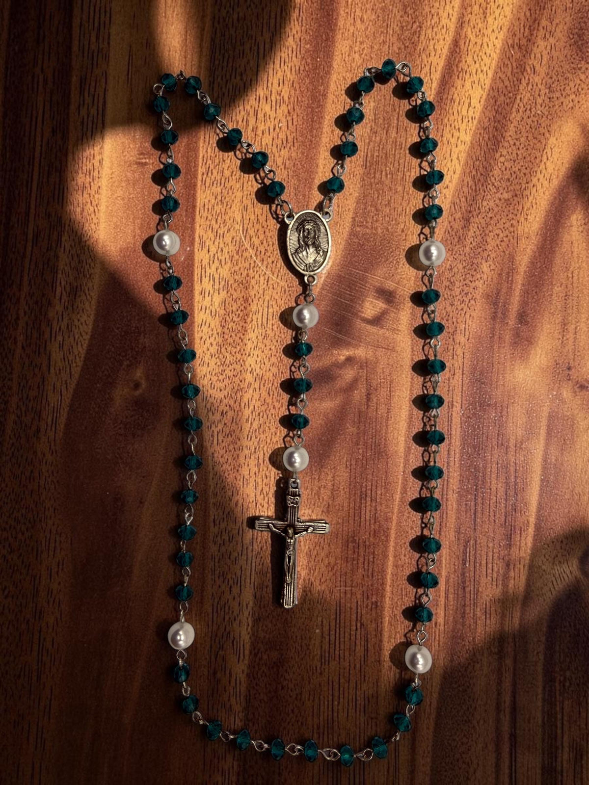 Sacred Heart Rosary with teal crystal and pearl beads