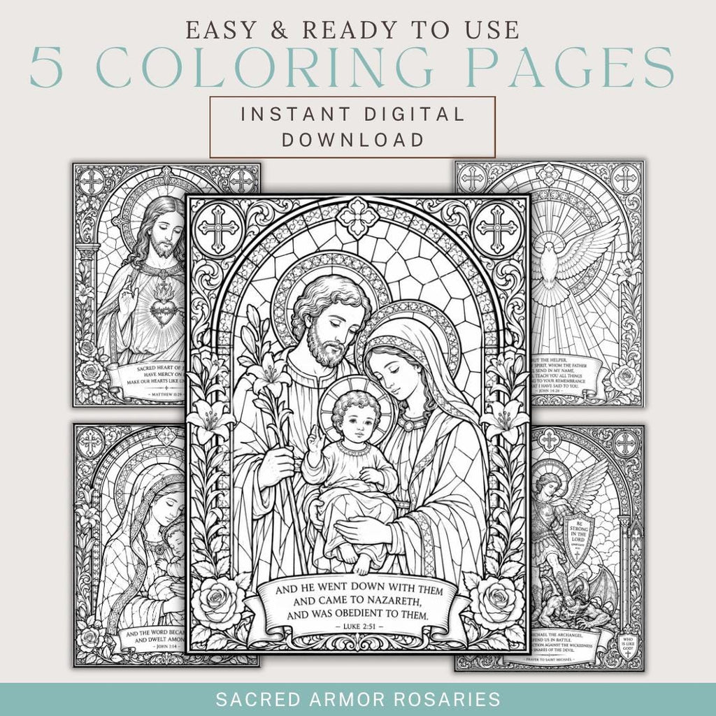Catholic stained glass coloring pages bundle printable preview