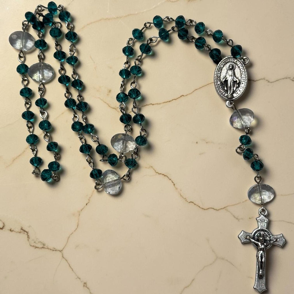Emerald Green Crystal Miraculous Medal Rosary with St. Benedict crucifix