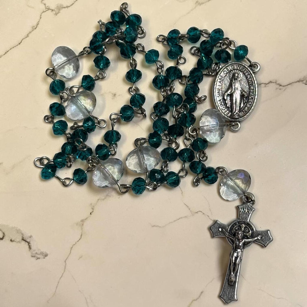 Emerald Green Crystal Rosary devotional detail