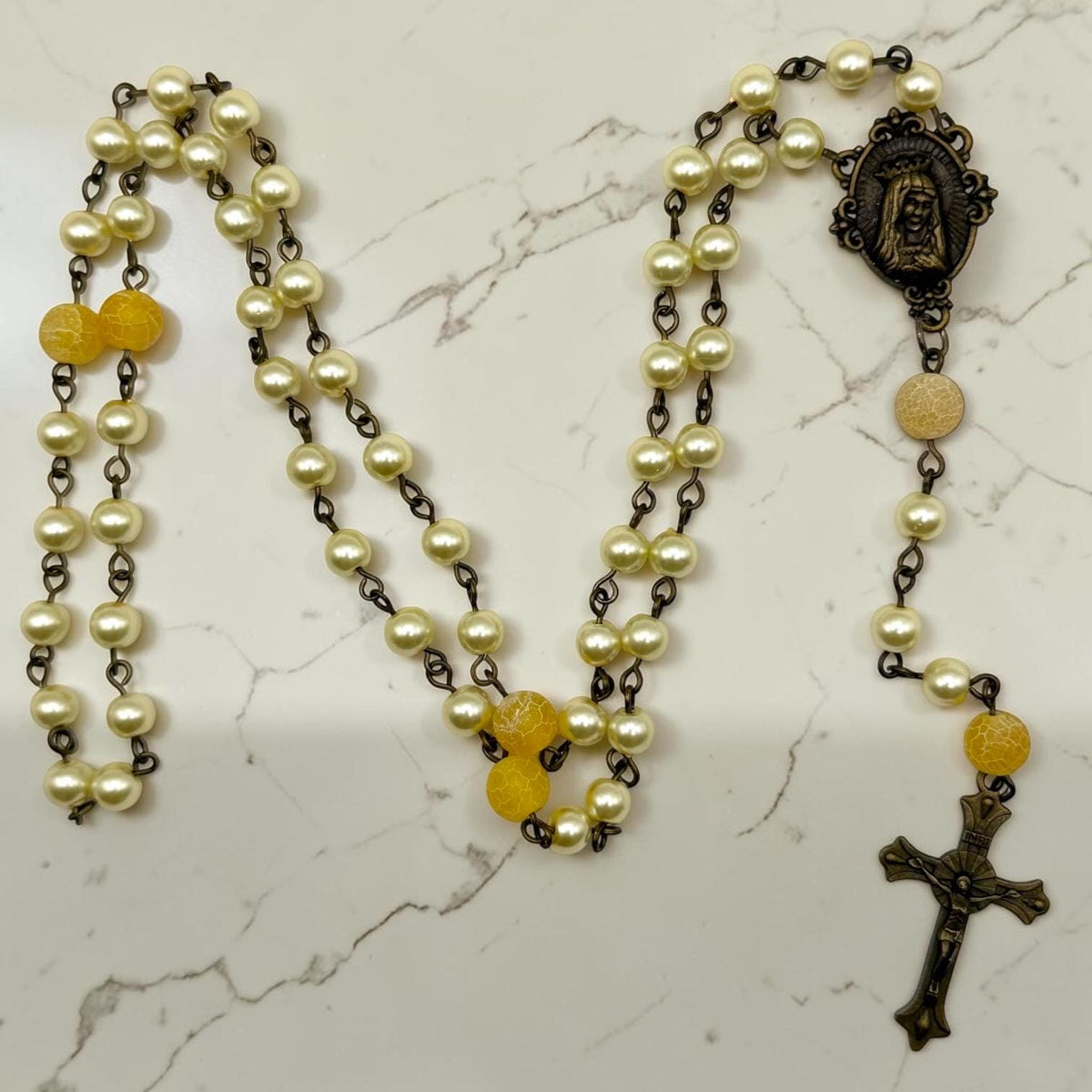 Cream Pearl and Antique Bronze Immaculate Heart Rosary