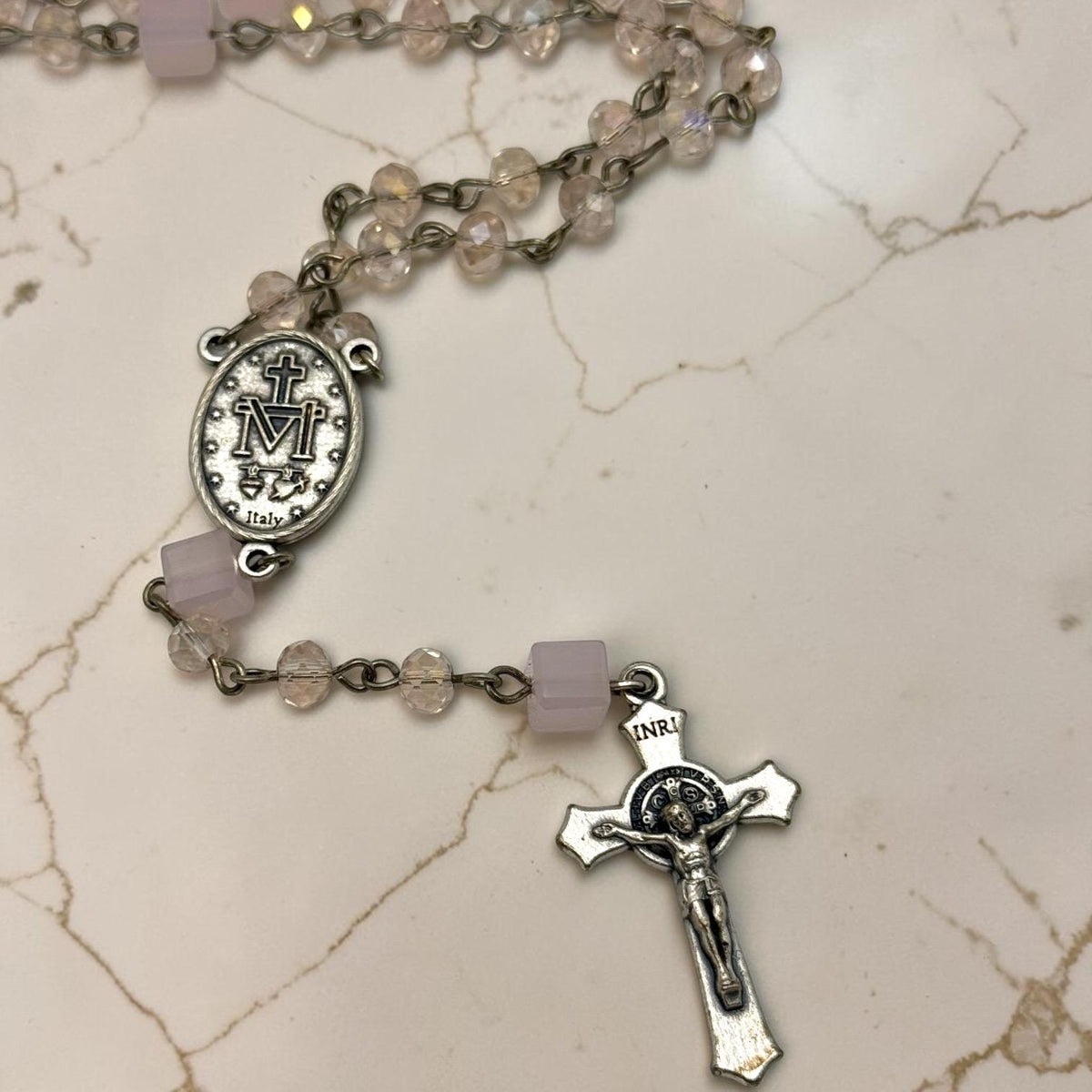 Pink Crystal Miraculous Medal Rosary detail view