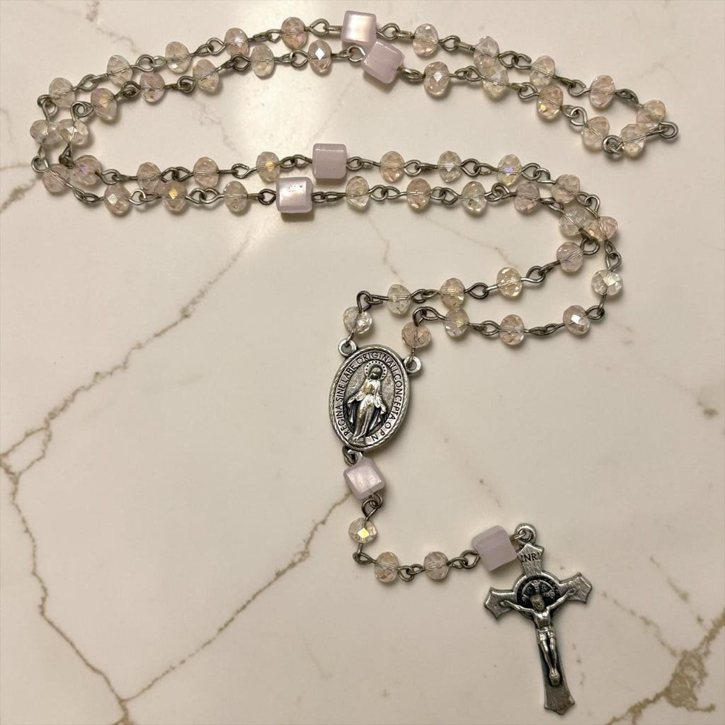 Pink Crystal Miraculous Medal Rosary with St. Benedict crucifix