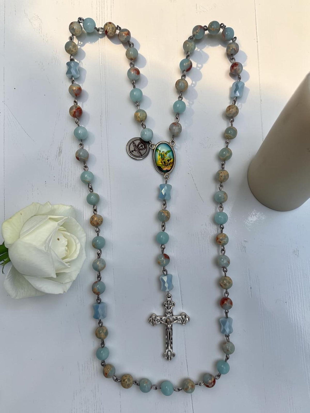 St. Michael Amazonite and Jasper Rosary alternate view
